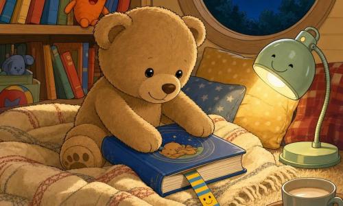 Un pequeño osito de peluche realista y suave, color marrón claro, ojos de botón y sonrisa cosida, sentado sobre una gruesa manta de lana, sostiene delicadamente un marcador de libros fino de cartón a rayas amarillas y azules con una carita sonriente que asoma de una página de un gran libro abierto; junto a él hay una lamparita redonda metálica verde pálido que emite una luz cálida y suave que ilumina su rostro, y detrás una estantería baja de madera clara con libros de colores vivos y un pequeño juguete en forma de zanahoria; una ventana redonda abierta muestra una luna brillante y un cielo índigo estrellado. La habitación es acogedora, de tonos cálidos, con alfombra beige, cojines y una taza de leche tibia en una mesita; la escena muestra al osito cerrando suavemente el gran libro dejando el marcador, listo para dormir, con la luz tenue y la luna fuera evocando un momento de lectura antes de acostarse.