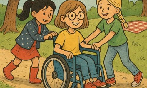 Es gibt drei Figuren: Clara, 9 Jahre, hellbraune kinnlange Haare, runde Brille, sitzt mittig in einem kleinen blauen Rollstuhl, lächelnd, die Hände an den Rädern; Mia, 8 Jahre, schwarze Pferdeschwanz, rote Gummistiefel, gepunktete Jacke, steht hinten links und schiebt kraftvoll, konzentriert-fröhlich; Lina, 9 Jahre, blonde Zöpfe, hellblaue Jeans, grünes T‑Shirt, steht hinten rechts und hilft lächelnd mit leicht gebeugten Knien. Ort: sonniger Park am Nachmittag mit sandigem und gepflastertem Boden, links ein Apfelbaum mit roten Äpfeln, rechts eine rot-weiß karierte Picknickdecke im Schatten, ein Kieselweg, einige grüne Blätter und ein tiefer Ast. Hauptsituation: Die beiden Freundinnen schieben Clara gemeinsam die provisorische Holzrampe über den Sand; die Rollstuhlräder wirbeln feinen Staub auf, warme Lichtstimmung, weiche Schatten, Bildkomposition auf Bewegung und gegenseitige Hilfe fokussiert.