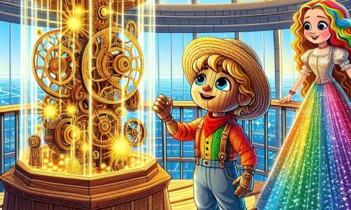 Pinocchio, un băiat tânăr din lemn cu ochi sclipitori și un zâmbet strălucitor, stă în vârful unui turn de sticlă majestuos, înconjurat de pereți strălucitori care reflectă lumina soarelui. Poartă o cămașă colorată și o pălărie de paie, iar fața lui exprimă o mare curiozitate și uimire în timp ce descoperă o mașinărie veche, plină de roți dințate aurii și lumini strălucitoare. Lângă el, Fata Curcubeului, o fetiță de aproximativ 10 ani cu păr lung ondulat în culori vibrante, poartă o rochie strălucitoare în toate culorile curcubeului. Ea se uită la Pinocchio cu un zâmbet încurajator, gata să-l ajute în căutarea sa. Locul este un turn de sticlă cu pereți translucizi care permit razelor de soare să pătrundă, creând un joc de lumini și umbre pe podeaua din lemn. În jurul lor, se află un peisaj urban futurist, cu clădiri de sticlă și metal, iar în depărtare, cerul este de un albastru profund, presărat cu nori pufoși. În centrul poveștii, Pinocchio și Fata Curcubeului descoperă comoara de înțelepciune, o carte magică, care va aduce pace și înțelegere între toți locuitorii orașului, în timp ce lumina strălucitoare a mașinăriei îi învăluie într-o atmosferă de magie și speranță.