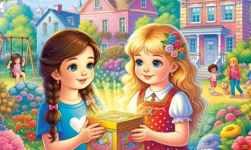 Dos niñas, Ana y Sofía, están en el centro de la imagen. Ana, de 8 años, tiene el cabello largo y castaño y lleva un vestido rojo con lunares blancos. Sostiene una pequeña caja brillante en sus manos, con una expresión curiosa en su rostro. Sofía, también de 8 años, tiene trenzas rubias y lleva una camiseta azul con un jeans. Mira la caja con asombro, justo al lado de Ana. Están en un parque soleado, lleno de flores coloridas y árboles verdes. Al fondo, se ven casas de colores pastel y niños jugando en columpios. El cielo es de un azul brillante con algunas nubes blancas. La escena principal muestra a Ana y Sofía descubriendo la caja misteriosa, rodeadas de una aura de emoción y misterio. Pequeños destellos de luz emanan de la caja, atrayendo la atención de las dos niñas, que están listas para resolver el misterio juntas.