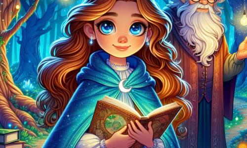 Una niña de 12 años llamada Luna se encuentra en el centro de la imagen, con cabello largo y ondulado color castaño, iluminado por la luz de la luna. Su rostro expresa una determinación brillante, con ojos resplandecientes como estrellas. Lleva una capa azul flotante y un amuleto en forma de luna creciente alrededor de su cuello, sosteniendo un pequeño mapa antiguo en sus manos. A su derecha, un viejo sabio de unos 70 años, con una larga barba blanca y gafas redondas, la observa con una sonrisa benevolente. Se encuentra cerca de un árbol nudoso, rodeado de libros antiguos y cristales brillantes. El lugar es un claro encantado, bañado por la luz plateada de la luna, con árboles majestuosos de hojas esmeralda y luciérnagas danzando en el aire. Flores luminosas de colores vivos salpican el suelo, añadiendo un toque de magia al entorno. Luna, llena de valor, se prepara para elegir entre tres caminos misteriosos: un sendero brumoso a la izquierda, un camino luminoso a la derecha y un portal dorado frente a ella, simbolizando el inicio de su aventura para encontrar el Cristal de las Estrellas.