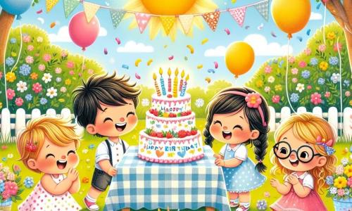 No centro da imagem, João, um menino de dois anos com cabelos castanhos bagunçados e um grande sorriso, sopra as velas de um bolo de aniversário colorido, cercado de confetes. À sua direita, Maria, uma menina de quatro anos com cabelos loiros trançados e um vestido rosa, dança alegremente levantando os braços. À sua esquerda, Pedro, um menino de três anos com cabelos negros e olhos brilhantes, segura um balão vermelho em forma de coração. Um pouco atrás, Ana, uma menina de cinco anos com óculos e um vestido de bolinhas, aplaude entusiasticamente, enquanto Lucas, um menino de quatro anos com cabelos castanhos e uma camiseta azul, se aproxima com um urso de pelúcia. A festa acontece em um jardim ensolarado, cheio de flores coloridas e guirlandas de papel penduradas nas árvores. Uma grande toalha quadriculada está estendida na grama, com pratos e copos decorados com desenhos de animais. Balões flutuam no ar, acrescentando um toque festivo à atmosfera alegre. A cena principal mostra João soprando as velas do seu bolo de aniversário, enquanto seus amigos o cercam, todos sorridentes e prontos para celebrar esse momento mágico juntos.