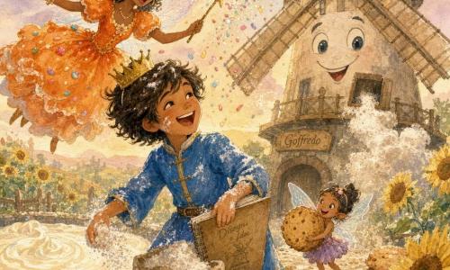 Il principe Filippo, ragazzo di circa 10 anni, sorridente e birichino con una piccola corona storta e una tunica blu macchiata di farina, tiene un grande quaderno da disegno e un gesso mentre raccoglie farina ridendo; la fata Carotina, giovane e gioiosa in un vestito arancione e un cappello a forma di torta, vola accanto a lui agitandosi con una bacchetta che lancia coriandoli dolci; la piccola fata Biscottina, alta come un pollice con ali traslucide, tiene un biscotto enorme e si arrampica su una pila di biscotti; Goffredo, il mulino ridente di legno con occhi dipinti, fa uscire nuvole di farina dalle pale; scena di festa e riordino presso un vecchio mulino sul bordo di uno stagno di panna montata, campi di girasoli ondeggianti, pavimento cosparso di farina e biscotti, colori pastello ad acquerello e luce dolce del tardo pomeriggio, tutti ridono mentre raccolgono la farina magica e nuvole di polvere brillante fluttuano.