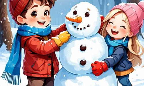 Un ragazzino di 9 anni, Marco, con capelli castani arruffati e occhi brillanti di curiosità, sorride gioiosamente mentre costruisce un grande pupazzo di neve in un parco innevato. Indossa un cappotto rosso vivo, una sciarpa blu e guanti gialli, con le guance rosate a causa del freddo. Accanto a lui, Giulia, una ragazza di 9 anni con lunghi capelli biondi, ride mentre aggiunge una carota come naso al pupazzo, indossando un cappotto rosa e un berretto con pompon. Luca, un ragazzo di 9 anni con occhiali e capelli castani, si tiene un po' in disparte, con una palla di neve in mano, pronto a lanciare una piccola battaglia di neve, indossando un cappotto verde e una sciarpa a righe. Il luogo è un parco invernale magico, con alberi coperti di neve scintillante e fiocchi di neve che cadono dolcemente dal cielo azzurro chiaro, mentre famiglie si riuniscono attorno a fuochi, creando un'atmosfera festiva. La scena principale mostra Marco e i suoi amici intenti a costruire insieme un grande e allegro pupazzo di neve, simboleggiando l'amicizia e la magia dell'inverno.
