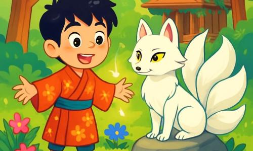 Haruto, un ragazzo di circa 12 anni, ha capelli neri e occhi pieni di curiosità. Indossa un kimono tradizionale a motivi floreali e il suo viso esprime meraviglia e determinazione. Si trova al bordo di un piccolo stagno cristallino, con le braccia leggermente aperte, come se fosse pronto a scoprire un segreto magico. Accanto a lui, Yuki, una bellissima volpe bianca con nove code, si erge fiera. I suoi occhi dorati brillano di saggezza antica e sembra pronta a guidare Haruto nella sua avventura. È appoggiata su una pietra, vicino allo stagno, osservando attentamente il ragazzo. Lo scenario è un radura incantata, circondata da maestosi alberi con foglie verdi brillanti. Fiori colorati sbocciano attorno allo stagno, mentre un antico tempio di legno, coperto di viti, si erge sullo sfondo, immerso in una dolce luce dorata. La scena principale mostra Haruto, meravigliato, mentre scopre la magia della foresta, mentre Yuki gli offre un dono prezioso, simboleggiato da una luce scintillante che li circonda entrambi.