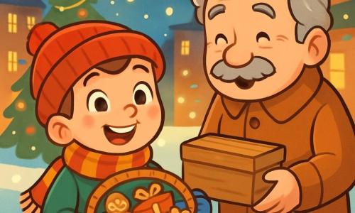 Un niño de 6 años, llamado Tomás, con ojos brillantes de curiosidad y una amplia sonrisa, lleva un gorro rojo brillante y una bufanda a rayas. Sostiene una gran cesta de mimbre llena de pasteles y pequeños regalos, de pie en la nieve brillante. A su lado está el señor Martín, un hombre mayor con cabello gris y un bigote rizado, que mira a Tomás con gratitud, sosteniendo una caja de madera. En el fondo, la calle está decorada con guirnaldas luminosas y un gran árbol de Navidad brilla en el centro de la plaza, rodeado de copos de nieve que caen suavemente. La escena muestra a Tomás ofreciendo dulces a los vecinos, compartiendo la alegría de la Navidad con un corazón cálido y una luz dorada que ilumina todo a su alrededor.