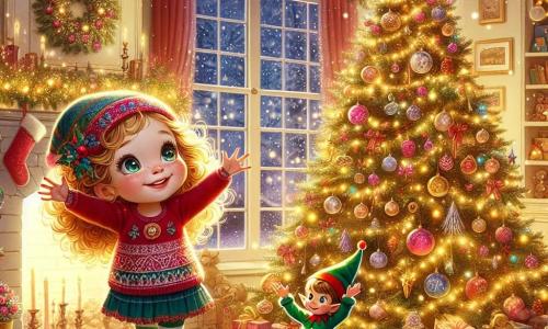Una niña de 3 años, llamada Sofía, con cabello rizado y dorado, y grandes ojos llenos de curiosidad, está frente a un hermoso árbol de Navidad decorado con luces brillantes y bolas de colores. Sonríe con asombro, con los brazos extendidos, como si quisiera abrazar la magia de la Navidad. A su lado, un duende llamado Pepito, que tiene alrededor de 100 años pero parece un niño pequeño, con un rostro alegre, mejillas sonrosadas y un gran sombrero rojo, levanta la mano para saludar a Sofía. La escena tiene lugar en una sala acogedora, llena de decoraciones navideñas: un gran árbol iluminado, medias colgadas en la chimenea y copos de nieve cayendo suavemente por la ventana. Sofía y Pepito descubren juntos el poder mágico de la estrella dorada en el árbol, que brilla intensamente, iluminando toda la habitación con una luz dorada, mientras un sentimiento de alegría y asombro los envuelve.