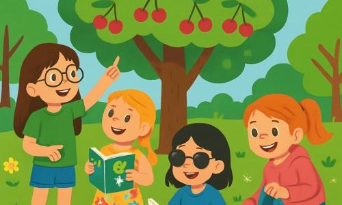 Hay 4 niños: - Lucía: una niña de 9 años con cabello largo castaño y gafas redondas. Lleva una camiseta verde y un short de mezclilla. Está de pie, señalando el gran árbol de cerezas. - Carla: una niña de 8 años con cabello rubio trenzado y una sonrisa brillante. Viste un vestido de flores coloridas y sostiene un libro sobre ecología en sus manos, mirando atentamente a Lucía. - Sofía: una niña de 9 años con cabello negro y gafas de sol. Lleva una camiseta azul y un pantalón deportivo. Está sentada en el suelo, rodeada de libros abiertos, leyendo en voz alta. - Marta: una niña de 8 años con cabello pelirrojo y pecas. Lleva una sudadera rosa y jeans. Está agachada, recogiendo basura con una gran sonrisa. La escena tiene lugar en un parque verde, lleno de árboles majestuosos, flores coloridas y un gran árbol de cerezas en el centro, con hojas de un verde brillante. El suelo está cubierto de pequeñas flores silvestres y hierba fresca, mientras que el cielo es de un azul claro, con algunas nubes blancas esponjosas. La situación principal muestra a las cuatro amigas trabajando juntas para limpiar el parque. Recogen basura, conversan alegremente y comparten ideas sobre cómo proteger el medio ambiente, rodeadas de la belleza de la naturaleza.