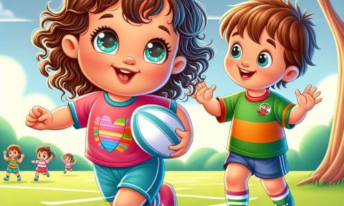Uma menina de 2 anos, com grandes olhos brilhantes e cabelos cacheados, usa uma camiseta colorida e um short. Ela corre com um grande sorriso no rosto, cheia de energia e determinação, segurando uma bola de rugby nas mãos pequenas. Ao seu lado, um menino de 6 anos, com cabelos castanhos e uma camiseta de rugby, a incentiva com um sorriso caloroso, os braços levantados em sinal de apoio. Ao fundo, um parque verde com árvores majestosas, um céu azul claro e amigos jogando rugby em um campo gramado. A cena mostra a menina correndo em direção a uma árvore ao longe, pronta para enfrentar o desafio de seu treinador, com uma expressão de alegria e coragem no rosto.