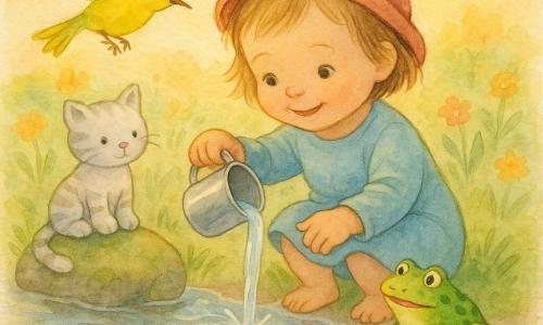 A 2-year-old girl with a gentle smile and bright eyes, short light-brown hair under a small red hat, plays at the edge of a shallow stream holding a shiny metal cup, curious and joyful; a gray striped plush kitten with black stitched eyes sits on a nearby stone as if watching her; a vivid yellow bird with a fine beak flies above the stream toward the cup; a speckled green frog with glossy skin sits on a lily pad looking surprised and happy; the scene shows clear shallow water with small ripples, mossy round stones, short green grass and colorful wildflowers in soft sunset light, calm atmosphere, pastel colors and watercolor textures.