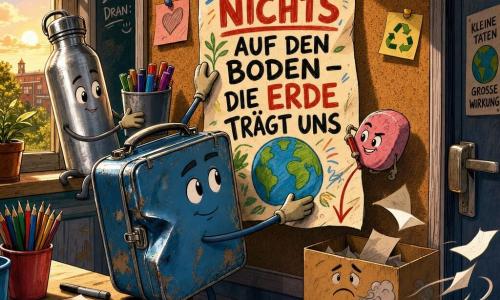 Eine anthropomorphe Metalldose als Hauptfigur, klein mit Beule links und klapperndem Deckel, entschlossener, sanfter Ausdruck und leicht abgeblätterter Lack, hält ein großes buntes Poster mit fetten schwarzen und roten Buchstaben; eine schlanke Aluminiumtrinkflasche als Nebenfigur, glänzende Oberfläche mit Kratzern und wohlwollendem Blick, auf dem Fensterbrett hinter der Dose, hält einen Becher Filzstifte; ein kleiner rosafarbener Radiergummi, rund, lebhaft und mit abgenutzten Rändern, freches Lächeln, sitzt am Rand des Posters und zeichnet einen Pfeil zu einer Pappschachtel; eine hellbraune Pappschachtel mit der Aufschrift ZETTEL-STOPP und einer traurigen Windzeichnung steht am Boden bei der Tür; Klassenraum am späten Nachmittag mit warmem Licht durchs große Fenster, heller Holztisch mit Tintenklecksen, staubige Tafel, bunte Stiftebehälter, Blätter und eine Reißzwecke hält das Poster an einer Pinnwand; Hauptszene: die Brotzeitdose hängt das Poster leicht schief auf die Pinnwand, die Freunde helfen ums sie herum, ruhige, ernste Atmosphäre, klare lesbare Komposition mit gesättigten Farben, sauberen Linien und sanften Schatten, leichte Vogelperspektive, Postertext gut lesbar: WERFT NICHTS AUF DEN BODEN – DIE ERDE TRÄGT UNS