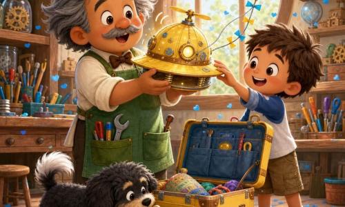 A smiling, wide-eyed inventor with a round face, thin mustache and messy gray hair wears a green apron with large pockets and holds a gleaming yellow mechanical hat that vibrates and emits a soft glow; a curious seven-year-old boy with short brown hair stands to his right, reaching to touch the hat and smiling, while a small fluffy dog with a plumed tail sniffs the open yellow rolling Carry-All Chuckle suitcase near a biscuit pocket. They are in a sunny workshop with wooden shelves, jars of gears, a wooden workbench with colorful tools, a large round window, a striped rug and scattered blue heart confetti; the hat has a tethered kitestring floating slightly. Style: bright pastel colors, soft textures and contours, exaggerated cute expressions, centered, upbeat composition.