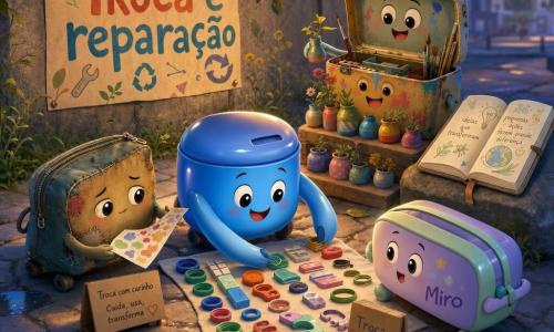 Pequeno contentor azul brilhante (personagem principal), expressão alegre, superfície lisa, inclinado organizando objetos em fileiras coloridas no passeio; estojo de lápis antigo remendado, tecido gasto, tímido depois tranquilo, rola oferecendo autocolantes; estojo novo chamado Miro, plástico mate em tons pastéis, curioso junto a um pequeno painel de troca pronto para receber um objeto; velha caixa de tintas com manchas e pincéis, entusiasmada, dispõe mini‑vasos feitos de tampas ao fundo; caderno aberto com desenhos sobre uma pedra, folhas a esvoaçar; passeio escolar ao fim da tarde, calçada irregular, folhas húmidas, cartaz colorido pregado no muro com escrito Troca e Reparo, guirlanda de luzes, ambiente doce e acolhedor; cena principal: oficina de troca e reparação ao ar livre com objetos reutilizados expostos, gestos de partilha, atmosfera serena e esperançosa, composição centrada no contentor azul; paleta: azuis suaves, verdes folha, toques de ocre e rosa; estilo: formas simples, degradés suaves, texturas táteis leves, visual convidativo para crianças.