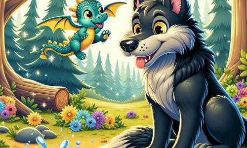 Em uma floresta encantada, um grande lobo de pelagem negra e brilhante, com olhos amarelos cheios de curiosidade, está à beira de um lago cintilante. Ele exibe um sorriso tímido, pronto para fazer amigos, enquanto bolhas de água espirram ao seu redor. Ao seu lado, um pequeno dragão com escamas brilhantes como estrelas, olhos grandes e um sorriso encorajador, voa alegremente acima do lobo, pronto para incentivá-lo. O cenário é uma floresta luxuriante, com árvores de troncos grossos e folhas verdes vibrantes, flores coloridas espalhadas pelo chão e um lago de reflexos cristalinos que captura a luz do sol. A cena mostra o lobo e o dragão brincando juntos à beira do lago, o lobo espirrando água com suas patas enquanto ri, enquanto o dragão voa alegremente ao seu redor, ilustrando sua nova amizade e a magia da floresta.