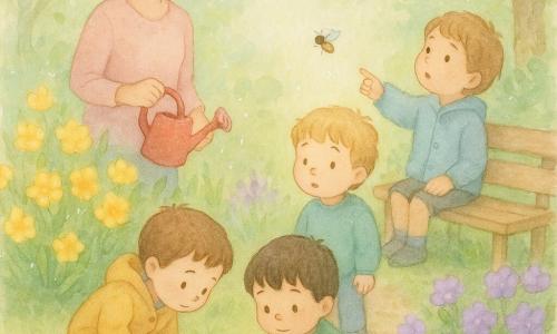 Há 5 personagens: Tomás, 3 anos, cabelo castanho curto, casaco amarelo, agachado à esquerda do banco olhando o reflexo numa pequena poça; Leo, 3 anos, cabelo loiro encaracolado, jaqueta azul-claro, à direita do banco apontando uma abelha sobre as flores; Davi, 3 anos, cabelo preto liso, suéter verde, no centro tocando a terra húmida de uma planta em vaso; Nuno, 3 anos, cabelo castanho, moletom cinza, sentado no banco olhando um ninho numa rama baixa; Ana, educadora de ~30 anos, cabelos trançados, bata rosa-pálido, atrás das crianças com um regador vermelho e sorriso. Local: pequeno jardim de primavera com relva verde e húmida, banco de madeira claro à direita, flores amarelas e roxas, rama com ninho ao fundo, poça refletindo o céu azul em primeiro plano, luz suave da manhã. Situação: as crianças regam e exploram o jardim calmamente; gotas de água caem, uma abelha visita as flores, atmosfera serena em cores pastel e textura de aquarela.