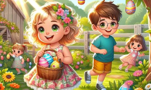 O fetiță de 2 ani, cu ochi mari și strălucitori și păr blond creț, zâmbește fericită ținând un coș de nuiele plin cu ouă colorate. Poartă o rochie roz cu flori și sandale albe, fiind așezată într-o frumoasă fâneață, înconjurată de flori multicolore. Lângă ea se află un băiat de 4 ani, cu păr brun și ochelari rotunzi, care caută un ou ascuns în spatele unui copac. Este îmbrăcat cu un tricou albastru și pantaloni scurți galbeni, având un aer concentrat și entuziast. Un alt copil, o fetiță de 3 ani cu păr castaniu și o mică împletitură, stă pe vârfuri pentru a ajunge la un ou suspendat de o ramură, având un zâmbet uimit pe față. Locul este o fâneață însorită, plină de flori strălucitoare și verdeață, cu raze de soare filtrându-se prin frunzele copacilor. Ouă colorate de Paște sunt ascunse peste tot în fâneață, creând o atmosferă festivă și veselă. Situația principală arată fetița și prietenii ei în plină vânătoare de ouă de Paște, râzând și distrându-se, căutând comorile ascunse în natură.
