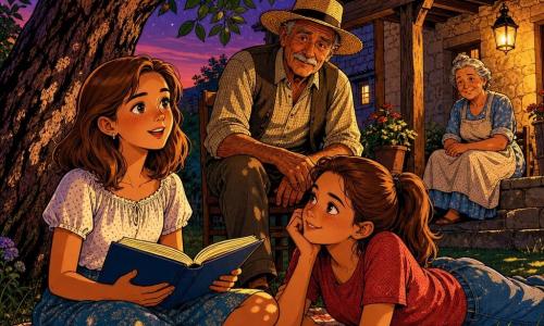 Ragazza di 12 anni, viso rotondo, capelli castano chiaro metà lunghezza, espressione dolce, seduta su una coperta sull'erba sotto un grande noce mentre racconta una storia con un libro aperto; Marta, 13 anni, capelli castani raccolti in coda, sorriso malizioso, sdraiata di fianco ad ascoltare con un gomito appoggiato; nonno di circa 70 anni, pelle abbronzata, baffi grigi, cappello di paglia, seduto su una sedia di legno dietro le ragazze con mano sulle ginocchia; nonna di circa 68 anni, capelli grigi raccolti, grembiule leggero, seduta sul portico sullo sfondo con sguardo tenero; luogo: giardino di campagna al crepuscolo con grande noce, coperta a fiori, vecchia casa in pietra e portico, lampadine sospese e cielo stellato; scena intima e serena di narrazione familiare, colori vivaci e contrastati in stile pop art, luci calde, ombre nette e dettagli materici.