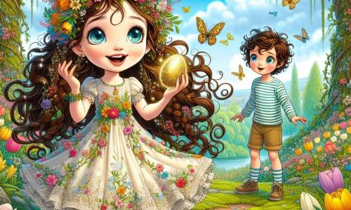 A 10-year-old girl named Lily stands in the center of an enchanted garden, her eyes shining with excitement and curiosity. She has long brown hair, braided with colorful flowers, and wears a light dress with butterfly patterns. She holds a sparkling golden egg in her hands, her face beaming with joy. Next to her, her 7-year-old brother Max watches in wonder. He has curly hair and wears a striped t-shirt and shorts. He leans forward, wide-eyed, as if ready to leap with joy. The garden is filled with vibrant flowers, tulips, and daffodils under a clear blue sky dotted with fluffy clouds. Majestic trees with intertwined branches create dancing shadows on the moss-covered ground, and tiny sparkling fairies fly around, adding a touch of magic to the scene. Lily and Max are at the heart of this adventure, discovering the hidden treasure in the garden as the fairies surround them, celebrating the magic of Easter.