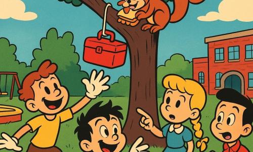 A mischievous 10-year-old boy, Tommy, with tousled brown hair and laughing eyes, reaches for a red lunchbox hanging in a tree; Lily, a focused 10-year-old girl with braided blonde hair, points from the ground beside him giving instructions; Sam, an enthusiastic redheaded 10-year-old, jumps on the grass laughing to Tommy’s left; Max, a surprised amused 10-year-old with black hair, points to a trail of crumbs on the ground to the right while holding a small detective notebook; a cheeky red squirrel perches on a branch nibbling a sandwich near the hanging box; setting: schoolyard with a large central tree, red brick building behind, sandbox and swings blurred in the background, green lawn and blue sky with a few round clouds; main scene: friends laugh and cooperate to retrieve the lunchbox from the tree in a dynamic, rubber-hose style with exaggerated expressions, curved gestures, bold outlines, simple shapes and bright contrasting colors.