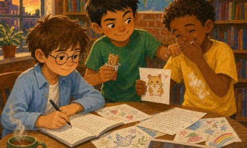 Three boys—Eli (about 10, fair, messy brown hair, round glasses, light blue shirt) sits at a wooden table writing gently in a notebook with a black pen; Max (9–10, olive skin, short dark hair, mischievous smile, green t‑shirt) stands slightly bent, holding a partially opened cereal bar, looking at Eli and pressing Jonas’s shoulder; Jonas (nearly 10, tan, curly hair, flour spot on a yellow t‑shirt) laughs covering his mouth while showing a small paper with a hamster drawing—they are in a sunlit school library with warm brick walls, wooden shelves of colorful books, a round light wood table scattered with papers, pencils, a steaming cup on a low shelf and a world poster on the wall, writing a calm, intimate letter of support to children in a war, small drawings and a class photo with a sleeping hamster nearby, warm gouache‑like colors, contrasting strokes and golden light suggesting hope despite the serious subject.