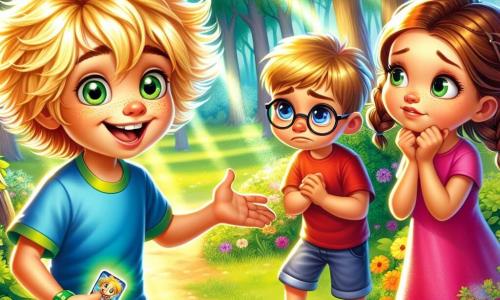 An 8-year-old boy named Leo, with messy blonde hair and sparkling curious eyes, stands at the center of the scene. He is wearing a bright blue t-shirt and green shorts, displaying a big smile as he looks at a group of children. Leo is reaching out to suggest a game, his face radiating enthusiasm and kindness. To his right, a 7-year-old girl with braided brown hair, wearing a pink dress, watches Leo with an admiring gaze, holding a toy in her hands, hesitant to share it. To his left, a 6-year-old boy with glasses and brown hair, dressed in a red t-shirt, furrows his brow, clearly frustrated by the situation. The scene takes place in a sunny clearing in the heart of an enchanted forest, where tall trees with shiny green leaves create a magical backdrop. Colorful flowers dot the ground, and sunlight filters through the branches, casting bright patterns on the grass. With his warm smile, Leo suggests sharing the toy to play together, illustrating the theme of kindness and fairness. The other children, initially disagreeing, begin to relax and smile, ready to have fun together.