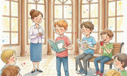 Um rapaz de 12 anos, tímido e concentrado, cora levemente e segura um livro aberto com postura trêmula mas decidida; Miguel, também ~12, de cabelos castanhos bagunçados, sorri encorajador ao lado segurando folhetos do clube de leitura; Diogo, ~12, sentado num banco, mastiga uma maçã e ri descontraído para o protagonista; a professora Lídia, na casa dos 40 com cabelo preso em coque, observa ao fundo com sorriso amável e mãos cruzadas; cenário: grande rotunda interior iluminada com chão de lajes claras, amplas janelas e vigas de madeira; estilo visual: tinta colorida viva, contrastes suaves, pontos de luz amarela e sombras azuladas, textura de papel e trama de tinta; situação: o rapaz fala numa pequena zona de luz, apreensivo e orgulhoso, enquanto os outros o escutam atentos e sorridentes.