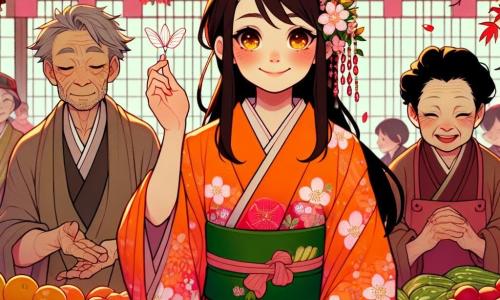 In het midden van de afbeelding staat Akiko, een jonge vrouw van ongeveer 20 jaar, in een feloranje kimono versierd met kersenbloesemmotieven. Haar gezicht straalt zachtheid en vastberadenheid uit, met fonkelende ogen. Ze houdt een witte veer in haar hand, een symbool van vrede, en glimlacht warm. Aan haar rechterkant staat een man van een vijftigtal jaren, de visverkoper, met een rimpelig gezicht en grijs haar. Hij draagt een schort en kijkt nieuwsgierig naar Akiko terwijl hij een verse vis vasthoudt. Aan haar linkerkant staat een vrouw van een veertigtal jaren, de groenteverkoper, met zwart haar en rimpels. Ze glimlacht met haar armen vol kleurrijke groenten en lijkt klaar om naar Akiko te luisteren. De achtergrond toont een levendige markt met houten kraampjes vol stralend fruit en groenten, papieren lantaarns die boven hangen, en rode esdoornbladeren die zachtjes van de omringende bomen vallen. De scène toont Akiko die de witte veer naar de visverkoper en de groenteverkoper uitsteekt, in een poging om de spanningen tussen hen te verlichten. De gezichten van de personages stralen hoop en nieuwsgierigheid uit, terwijl de sfeer warm en vol opkomende kameraadschap is.