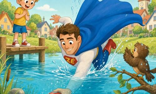 Um homem, Super Zé, sorridente e tranquilizador, capa azul esvoaçante, botas vermelhas brilhantes, cabelos castanhos curtos, expressão alegre e concentrada, mergulha suavemente num pequeno lago para apanhar uma bola flutuante; um menino, Tomás, cerca de 6 anos, cabelos loiros despenteados, camiseta amarela, está em pé na beira do cais, olhos arregalados e mãos unidas, olhando Super Zé com admiração; um passarinho marrom, molhado mas vivo, empoleirado num galho baixo à direita, observa a cena como se aplaudisse; local: lago calmo e raso rodeado de relva verde, cais de madeira clara, algumas nuvens brancas e casas coloridas ao fundo, atmosfera luminosa e acolhedora; ação: Super Zé estende a mão debaixo da água clara para recuperar a bola vermelha meio submersa, leves salpicos, postura heroica e terna, cena com movimento e carinho; estilo: traços arredondados, cores pastéis saturadas, texturas suaves, rostos simples e expressivos para crianças pequenas.