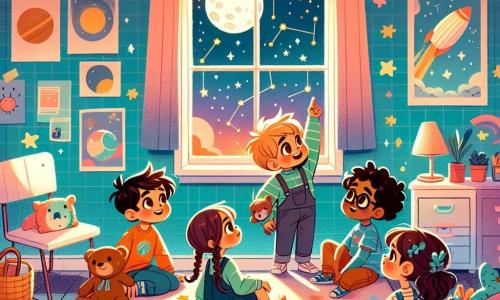 En una habitación acogedora, Lucas, un niño de 7 años con cabello castaño y ojos brillantes, está sentado en la alfombra, con una ligera sonrisa en su rostro, sosteniendo un peluche. A su lado, Mateo, un niño de 8 años con gafas y cabello rubio, señala hacia la ventana, fascinado por las estrellas. Sol, una niña de 6 años con cabello rizado y ojos verdes, está de pie sobre una silla, con los brazos levantados como si quisiera atrapar la luna. Por último, Sara, una niña de 7 años con trenzas y una camiseta colorida, está sentada cerca de Lucas, mirando las estrellas con asombro. La habitación está decorada con paredes de colores pastel, con carteles de planetas y constelaciones. Una suave luz nocturna en forma de estrella ilumina la habitación, creando sombras danzantes. Las ventanas están abiertas, dejando entrar una brisa ligera que mueve las cortinas. Los cuatro amigos, unidos por su curiosidad, buscan juntos la luna en el cielo nocturno, transformando su miedo a la oscuridad en una aventura mágica llena de risas y descubrimientos.