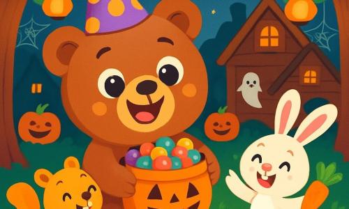 A soft, round teddy bear with big, sparkling brown eyes wears a funny hat and smiles broadly while holding a bucket filled with colorful candies. Next to him, a small golden squirrel with a bushy tail and bright, excited eyes dances around him, waving its little paws. A white rabbit with large ears, looking cheerful and holding a carrot, happily hops nearby. 

The scene takes place in an enchanted forest, where trees are adorned with sparkling orange lanterns and shiny cobwebs. Wooden houses decorated with smiling pumpkins and paper ghosts stand in the background, illuminated by the soft light of the moon. 

The three friends are celebrating Halloween, laughing and sharing candies under the starry sky, surrounded by a festive and joyful atmosphere.
