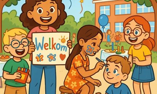 Er zijn 5 personages: - Emma: een 10-jarig meisje met krullend bruin haar, in een roze t-shirt en een blauwe jeans. Ze glimlacht vrolijk terwijl ze een groot bord 