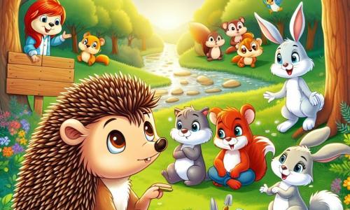 An illustration depicts a young hedgehog with a back covered in brown spikes and an expressive face showing curiosity and wonder. It is attentively watching a group of animals gathered around it, taking notes on a piece of paper. Among the secondary characters is a female squirrel with bright red fur and a bushy tail, displaying an excited expression, perched on a branch above the hedgehog. A male rabbit with large ears and white fur, showing a determined expression, stands next to the hedgehog, ready to share ideas. The main setting is a sunny clearing in a lush green forest, with majestic trees, colorful flowers scattered on the ground, and a sparkling stream winding through the landscape. The main situation shows the animals coming together to discuss the importance of protecting their environment in the face of climate change, with expressions of collaboration and commitment on their faces. Other useful graphic elements include wooden signs with messages about nature protection, gardening tools like shovels and watering cans, and small birds joyfully flying around them, symbolizing the harmony of nature.
