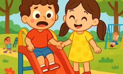 Um menino de 4 anos com cabelos cacheados e um grande sorriso, vestindo uma camiseta vermelha e um short azul, está no topo de um grande escorregador. Ele tem os olhos arregalados, misturando excitação e medo, e suas bochechas estão levemente rosadas. Ao lado dele, uma menina de 4 anos, com cabelos longos e lisos presos em duas tranças, usa um vestido amarelo com bolinhas. Ela sorri encorajadora, pronta para descer com ele. O parque é cheio de vegetação, com árvores de folhas verdes brilhantes e flores coloridas ao longo do caminho. Ao fundo, outras crianças brincam alegremente em balanços e estruturas de jogos. A cena principal mostra o menino hesitante na borda do escorregador, segurando a mão da menina, enquanto se preparam para escorregar juntos, simbolizando a coragem diante do medo.