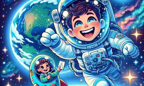 Astronauta mężczyzna, nazwany Tomek, radośnie unosi się w przestrzeni kosmicznej, ubrany w białe skafander kosmiczny z niebieskimi detalami i przezroczystym hełmem, który odsłania jego wielki, zachwycony uśmiech. Jego oczy błyszczą z ekscytacji, gdy obserwuje Ziemię, piękną niebieską kulę usianą białymi chmurami w tle. W pobliżu, młody chłopiec o imieniu Kacper, mający 8 lat, z brązowymi, kręconymi włosami, znajduje się na pokładzie swojej małej rakiety, która przypomina kolorową rakietę z narysowanymi gwiazdami. Patrzy na Tomka z podziwem, jego oczy błyszczą ciekawością, trzymając mały notes, w którym rysuje gwiazdy. Scena rozgrywa się w ogromie kosmosu, gdzie migoczące gwiazdy i kolorowe mgławice tworzą bajkową scenerię. Ziemia, majestatyczna i jasna, znajduje się w tle, oświetlona przez słońce. Główna sytuacja ukazuje Tomka i Kacpra wymieniających się marzeniami o eksploracji kosmicznej, Tomek dzieląc się swoim doświadczeniem astronauty, a Kacper, pełen entuzjazmu, marzy o zostaniu również odkrywcą gwiazd.