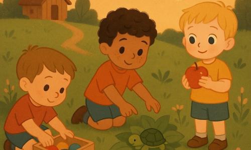 Hay tres niños de 3 años: Nico (izquierda, cabello castaño claro corto, agachado) guarda bolas de colores en una caja de madera; Lalo (centro, cabello negro rizado, con pecas, de rodillas) muestra hojas donde se esconde una pequeña tortuga de caparazón verde; Tomi (derecha, rubio, ojos grandes, de pie) sostiene una manzana roja y sonríe diciendo gracias. Lugar: una colina baja en un jardín al crepúsculo con hierba verde, flores silvestres rosas y blancas, un sendero de tierra, una casita de madera al fondo y un cielo anaranjado con una luna pálida. Situación: gestos lentos y suaves —recoger juguetes, invitar a la tortuga a esconderse y dar las gracias— con luz cálida del atardecer, sombras largas y una atmósfera calma y tierna.