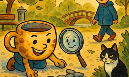 Tilo, una taza antropomórfica de cerámica, redonda y brillante, con sonrisa traviesa y leves arañazos y manchas de barro en el borde, se arrodilla empujando guijarros para formar una flecha; La lupa, una lupa de metal y cristal con un pequeño rostro grabado en el cristal, rueda a su lado con ojos curiosos y alegres, ayudando a alinear las piedras y apuntando hacia el puente; el gato del seto, blanco y negro de pelaje lustroso y orejas erguidas, apoya una pata sobre una piedra con aire algo arrogante pero cómplice, sentado al borde de un arbusto a la derecha; un niño con gorra roja y abrigo azul, aliviado, camina siguiendo el camino de guijarros hacia el puente y mira hacia las señales en el suelo a pocos pasos por delante de Tilo; lugar: un parque urbano de grava clara, senderos bordeados de árboles de hojas verde oliva que giran, un viejo puente de madera ligeramente abovedado al fondo, un banco de madera y una pequeña fuente a la izquierda, luz dorada de la mañana; situación: composición cálida y dinámica que muestra a la taza en acción creativa, flechas de guijarros visibles que conducen al puente, hojas en movimiento y ramitas enmarcando las piedras, paleta de tintas saturadas con finos contornos en tinta negra, ambiente optimista y aventurero.