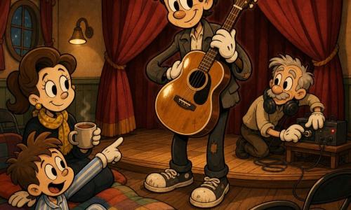 Adult man with a gentle smiling face, attentive eyes and messy brown hair in a worn gray jacket and scuffed sneakers holds a varnished acoustic guitar to his chest and calmly faces the audience; an about-8-year-old boy in striped pajamas sits front-left on a blanket, laughing and pointing at the stage; a woman in her mid-30s with a yellow scarf and tied-back hair sits behind him holding a cup of cocoa and smiling with her hand on the blanket; an older technician of about 60 with gray hair and headphones around his neck crouches at a small table with cables and a compact amp at the rear right, turning a knob and watching the singer; the scene is a small polished-wood community hall with thick red curtains, ceiling fan, chairs in a semicircle, scattered colorful blankets and cushions, warm soft light and an intimate atmosphere; main action: the singer calmly corrects the sound after a speaker buzz, the guitar gleams under the light, the children look amazed, and stylized shadows and flowing lines emphasize movement and human warmth.
