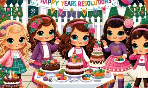 In a festive garden, four 8-year-old girls are getting ready for a New Year's party. Mia, with her curly brown hair and sparkling glasses, is in the center, smiling and holding a large colorful sign with their resolutions. To her right, Sophie, a girl with blonde pigtails, is busy around a snack table decorated with vegetables arranged to look like a funny face. On the left, Lily, with her brown hair in braids, dances joyfully in a pink dress, while Emma, the shyest, with smooth black hair, stands slightly back, watching with a smile, ready to share her dreams. The garden is adorned with twinkling lights and colorful balloons floating in the air. A large table is filled with chocolate cakes and treats, while a big tree is decorated with festive ornaments. The four friends are gathered to celebrate the arrival of the new year, counting down to midnight together, surrounded by laughter and confetti, ready to share their resolutions and have fun in a joyful and magical atmosphere.