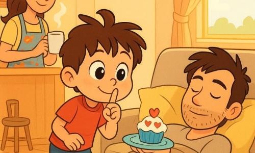 Um menino de 4 anos, rosto redondo, cabelos castanhos bagunçados, olhos grandes e brilhantes, sorriso tímido e expressão maliciosa, segura um prato colorido com um bolo de papel decorado com corações e caminha na ponta dos pés dizendo 