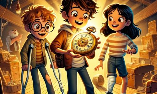 No centro da imagem, Lucas, um garoto de 10 anos com cabelos castanhos bagunçados, segura um antigo e brilhante relógio de bolso dourado, seus olhos brilhando de curiosidade. À sua direita, Clara, uma garota de 10 anos com longos cabelos cacheados e um sorriso radiante, observa o relógio com admiração. À esquerda, Pedro, um garoto de 10 anos com óculos redondos e cabelos castanhos, examina atentamente os símbolos misteriosos gravados no relógio. Por fim, Sofia, uma garota de 10 anos com cabelos lisos e negros, usa muletas, mas exibe um grande sorriso, pronta para explorar. O ambiente é um velho sótão cheio de tesouros esquecidos: teias de aranha nos cantos, baús antigos e raios de luz filtrando através de uma janela empoeirada, iluminando a cena com uma suave luz dourada. A situação principal mostra os quatro amigos descobrindo o poder mágico do relógio, que emite um brilho luminoso, envolvendo-os em um turbilhão de luz, simbolizando sua viagem inesperada no tempo para um futuro fascinante.