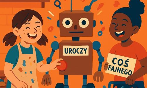 Zosia (ok. 11 lat) – wynalazczyni, warkocze, palce w śladach kakao, brudny fartuch, uśmiecha się i naciska duży czerwony przycisk patrząc na robota; Maja (ok. 11 lat) – przyjaciółka, rozbawiona, koczek, trzyma etykietę COŚ FAJNEGO i śmieje się opierając o skrzynkę z narzędziami po lewej; Ogarniać 3000 – złożony z kartonu i metalu robot na kółkach, ramiona z miotły i łyżek, oczka z nakrętek, z etykietą UROCZY na torsie, stoi pośrodku i skierowuje ramię ku Zosi; piwnica przytulna, lekko zagracona, drewniane półki ze słoikami ze śrubami i półką na ziemniaki, wisząca lampa z gołą żarówką, betonowa podłoga z plamami farby; scena radosnego, chaotycznego testu: Zosia naciska przycisk, robot robi „ping”, drobne urocze przedmioty wirują wokół; wyraźna kompozycja, płaskie żywe kolory, mocne kontrasty, przerysowane wyrazy twarzy i czytelne sylwetki.