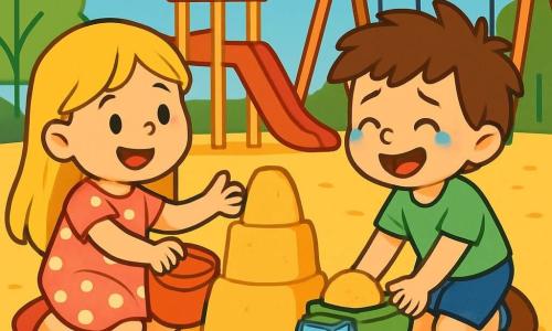 Er zijn 2 hoofdpersonages: - Emma: een 5-jarig meisje met lang blond haar, gekleed in een roze jurk met witte stippen. Ze zit op de grond, glimlachend, met een klein rood emmertje in haar hand. - Sam: een 5-jarig jongetje met rommelig bruin haar, gekleed in een groene t-shirt en een blauwe korte broek. Hij staat naast Emma, met tranen in zijn ogen, maar begint te glimlachen als hij naar Emma kijkt. De situatie speelt zich af op een grote zonnige speeltuin, met mooi gouden zand, kleurrijke speelgoed verspreid om hen heen, en groene bomen die de ruimte omringen. Op de achtergrond zijn er een rode glijbaan en een schommel te zien. De hoofdactie van het verhaal toont Emma en Sam die een grote zandtoren opnieuw opbouwen nadat deze is omgevallen. Emma moedigt Sam aan met een grote glimlach, terwijl Sam, nu blij, zijn kleine groene vrachtwagentje gebruikt om het zand te vervoeren.