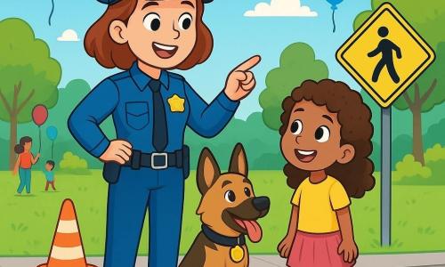 A smiling police officer, Officer Emma, stands in a sunny park, wearing a bright blue uniform and a shiny badge. Her eyes sparkle with joy and pride as she teaches children how to cross the street safely. Beside her, a police dog, Max, an adorable German shepherd, sits with his tongue out and wagging tail, ready to help. In the park, children of different backgrounds, including a 7-year-old girl with curly brown hair named Lucy, watch Emma attentively. Lucy, with an amazed smile, is ready to follow Emma's instructions. The vibrant park is filled with colorful balloons floating in the blue sky, lush trees, and families enjoying the sunny day. The main scene shows Emma and Max teaching the children how to cross the street safely, with traffic signs and small cones around them, creating a fun and educational atmosphere.