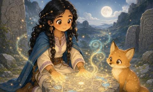 Adult woman with a soft determined face, olive skin, long black braids with bronze beads, large bright eyes and a brave smile, placing glowing hands on an ancient stone altar; she wears a cream tunic with purple geometric embroidery, an azure blue shawl belted with brown leather, and dusty soft leather boots. She feels wonder and focus, shown by slightly flushed cheeks and small golden sparks around her hands. A secondary fox with shiny golden fur, bushy tail and mischievous eyes sits to her right, tail curled near her feet. No other humans are present. Setting: rocky valley with green moss, gray stones carved with ancient bas‑reliefs, light mist catching the light, a starry sky and a low silver moon. Central altar: circular stone engraved with antique motifs, cracked with luminous veins emitting golden and pale blue filaments that spiral upward. Main action: she repairs an ancient seal by placing her hands that emit a soft golden glow; magic mends the cracks and luminous particles swirl around them. Visual style: minimal kawaii, rounded shapes, soft palette (azure, cream, bronze, pale gold), thin outlines, simple textures and gentle contrasts.