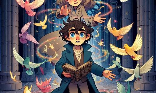 A 12-year-old girl, Mina, with messy brown hair and curious sparkling eyes, stands at the center of the scene, her face marked by an expression of wonder and determination. She wears a worn blue coat and holds an old notebook in one hand, while the other hand reaches out towards a group of colorful pigeons flying around her. Beside her, her best friend Theo, also 12, with curly hair and fair skin, observes with a mischievous smile, brandishing a sparkling magic wand. She stands slightly back near a column of the cathedral. The setting is the majestic St. Balthazar Cathedral, with its gothic spires rising towards a stormy sky, colorful stained glass letting in bursts of light, and gargoyles seemingly watching the scene. The ground is adorned with a complex mosaic, where a magical portal glows with a mysterious light. The main situation shows Mina and Theo facing a group of pigeons, which appear to be conversing, their shiny feathers contrasting with the shadow of the cathedral. The atmosphere is filled with magic, with sparkling light around them, while a gentle breeze lifts the dead leaves on the ground.
