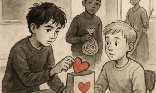 A 12-year-old boy, Constant, attentive and gentle-faced with slightly furrowed brows and messy brown hair, delicately slides a red heart-shaped card into a decorated bag while seated at a wooden school table; beside him, 12-year-old Theo, surprised and relieved with short blond hair and slightly hunched shoulders, looks at the offered card with his hand on the bag's edge; behind Constant, 12-year-old Zaid, mischievous and patient with black hair and bright eyes, stands holding a bag of pretzels, watching supportively; Ms. Dalloway, a warm-faced teacher in her 30s–40s with hair in a bun, stands in the background holding a light broom and observing kindly; the classroom is lit by a large right-hand window, with light wood floors, tables scattered with colored paper, red scissors, glue pots and glitter, a whiteboard displaying decorated Valentine bags and red paper garlands; the main moment is the quiet, intimate gesture of Constant placing an encouraging card into Theo's bag, rendered with fluid ink strokes, deep black contrasts and discreet touches of red and pink for the hearts, creating a soft, warm atmosphere.