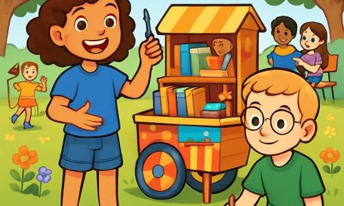 There are 2 main characters: Maya, a 10-year-old girl with curly brown hair, wearing a blue t-shirt and denim shorts, standing with a small tool in one hand and a big smile, full of determination; and Theo, a 10-year-old boy with short blond hair and glasses, wearing a green t-shirt and beige pants, sitting on the ground surrounded by books and craft supplies, drawing a plan for their project. The main setting is a sunny park with lush trees and colorful flowers, featuring a small wooden cart decorated in bright colors, filled with books, games, and tools. Children are playing around, some jumping rope and others reading on benches. The main situation shows Maya and Theo presenting their sharing cart, explaining to the children how to borrow and give items, while the kids listen attentively, their faces lit up with excitement and friendship.