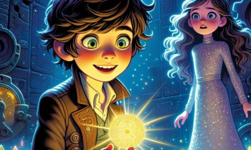 An 8-year-old boy, Milo, with tousled hair and bright, curious eyes, stands at the center of the room, holding a mysterious glowing key in his hand. His face expresses wonder and excitement, with a wide smile and rosy cheeks. Next to him, a 9-year-old girl, Lila, with long wavy hair, dressed in a shimmering silver dress, watches the key floating in the air with fascination. She has a determined look, ready to help Milo on this adventure. The scene takes place in a dark and mysterious room of the Shadowspire space station, where metal walls are adorned with glowing runes and colorful crystals emit a soft glow. Rusty gears and ancient machines are scattered around them, creating a magical yet technological atmosphere. Milo, holding the key, is about to activate it, while shadows dance on the walls and eerie whispers resonate in the air, adding palpable tension to the situation.