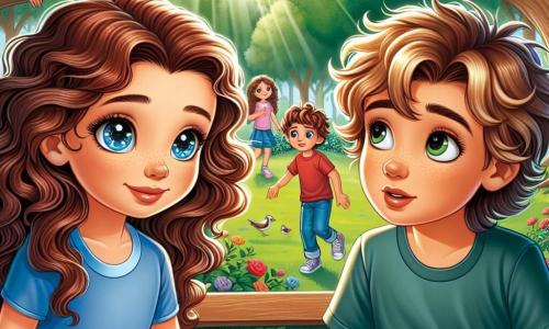 A 12-year-old girl, Ella, with curly brown hair and sparkling curious eyes, stands in the center of the image. She has a determined expression on her face, with a slight smile, as she encourages her friend Max to be honest. Max, an 11-year-old boy with messy blonde hair wearing a blue t-shirt, looks at Ella with a hesitant expression, sitting on a bench in the park. The park is green and sunny, with majestic trees and vibrant flowers swaying in the wind. In the background, children play joyfully while a group of friends watches curiously the conversation between Ella and Max. The main scene shows Ella taking Max's hand, encouraging him to talk about his lie to their peers. She whispers comforting words to him as the other children watch attentively, ready to listen.