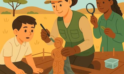 O femeie arheolog de ~35 de ani, cu față blândă și concentrată, păr castaniu prins în coc, șapcă bej, vestă kaki și mănuși subțiri, zâmbește în timp ce periază delicat o mică figurină de lut cu o pensulă fină; în stânga ei, un băiat de ~12 ani, Tobi, cu păr scurt și brun, cămașă deschisă și caiet sub braț, îngenuncheat lângă o chingă de siguranță, privește uimit ținând o riglă mică; în fundal dreapta, o botanistă de ~30 de ani, Amina, cu păr lung împletit și halat verde, studiază o frunză cu o lupă; locul este o savană însorită cu iarbă galbenă și câțiva arbori, un șanț de săpătură pătrat numerotat "D1" cu o figurină parțială de lut cu linii incizate, protejată de o folie, sol brun-roșcat, uneltele vizibile ( mistrii, pensule, lopeți, etichete, cutii ), cer senin cu câțiva nori; atmosferă calmă, metodică, culori calde și texturi simple, compoziție centrată pe fețe și mâini, stil vectorial simplificat, contururi nete și paletă călduroasă (ocre, verzi moi, albastru pal) potrivit pentru copii.
